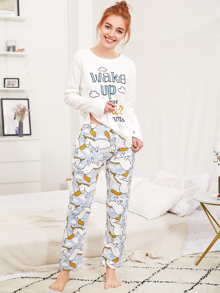 Shein Slogan Top & Unicorn Pants