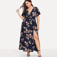 Shein Plus Surplice Wrap Botanical Dress