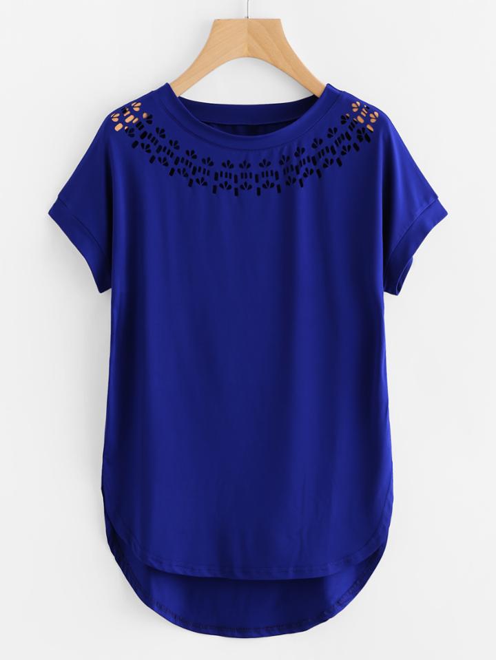 Shein Laser Cut High Low Curved Hem T-shirt