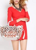 Rosewe Catching V Neck Long Sleeve Solid Red Dress