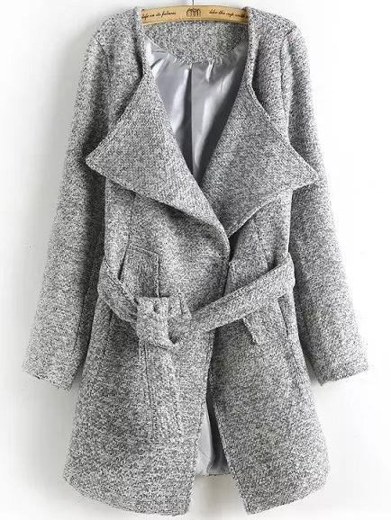 Shein Light Grey Lapel Tie-waist Woolen Coat