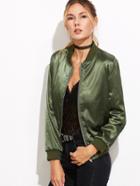 Shein Army Green Sleeve Zip Detail Quilted Bomber Jacket