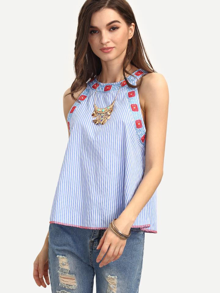 Shein Blue Striped Embroidered Sleeveless Tank Top