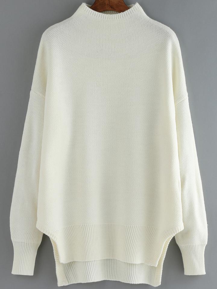 Shein White Mock Neck Dip Hem Loose Sweater