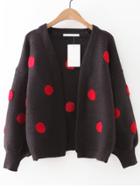 Shein Coffee Polka Dot Lantern Sleeve Sweater Coat