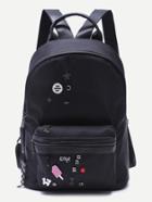 Shein Black Embellished Front Zipper Nylon Backpack