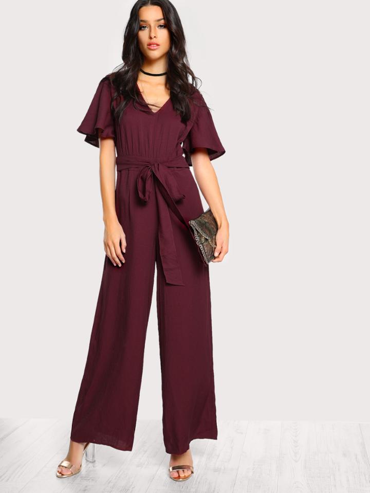 Shein Ruffle Sleeve Self Tie Palazzo Jumpsuit