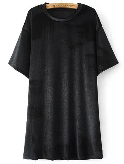 Shein Black Letter Print Short Sleeve Velvet Dress