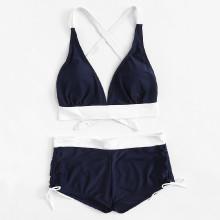 Shein Plus Contrast Trim Cross Back Bikini Set
