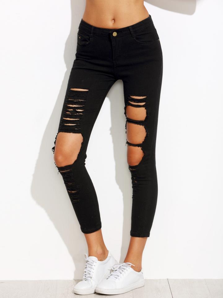 Shein Black Distressing Ripped Knees Jeans