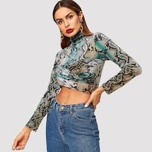 Shein Crisscross Snake Print High Neck Tee