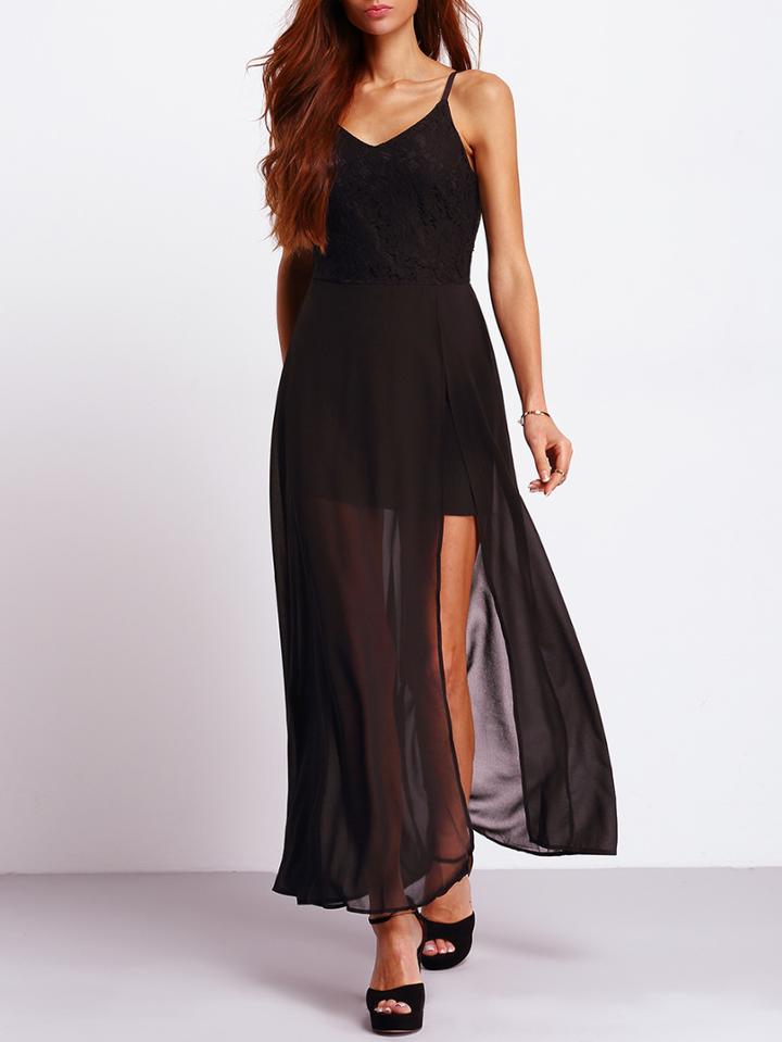 Shein Black Spaghetti Strap Lace Split Dress