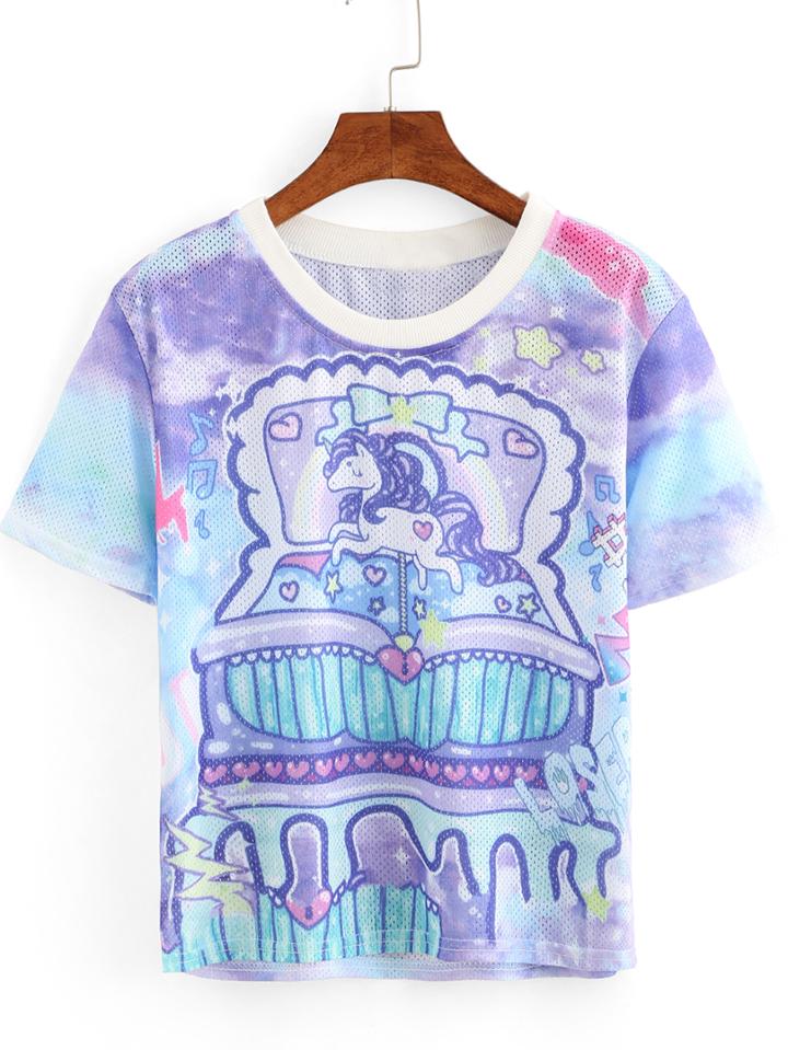 Shein Unicorn Print Ombre Sport Mesh T-shirt