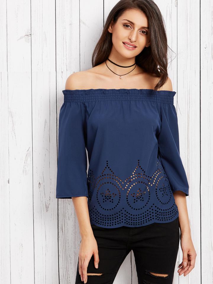 Shein Navy Off The Shoulder Eyelet Top