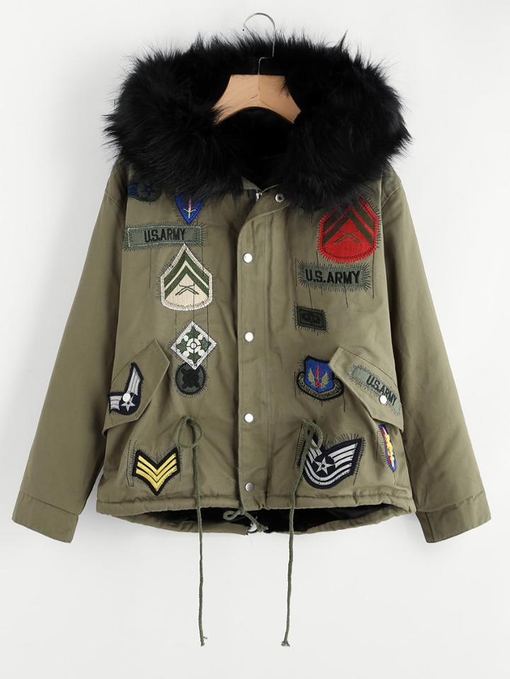 Shein Faux Fur Lined Patch Coat
