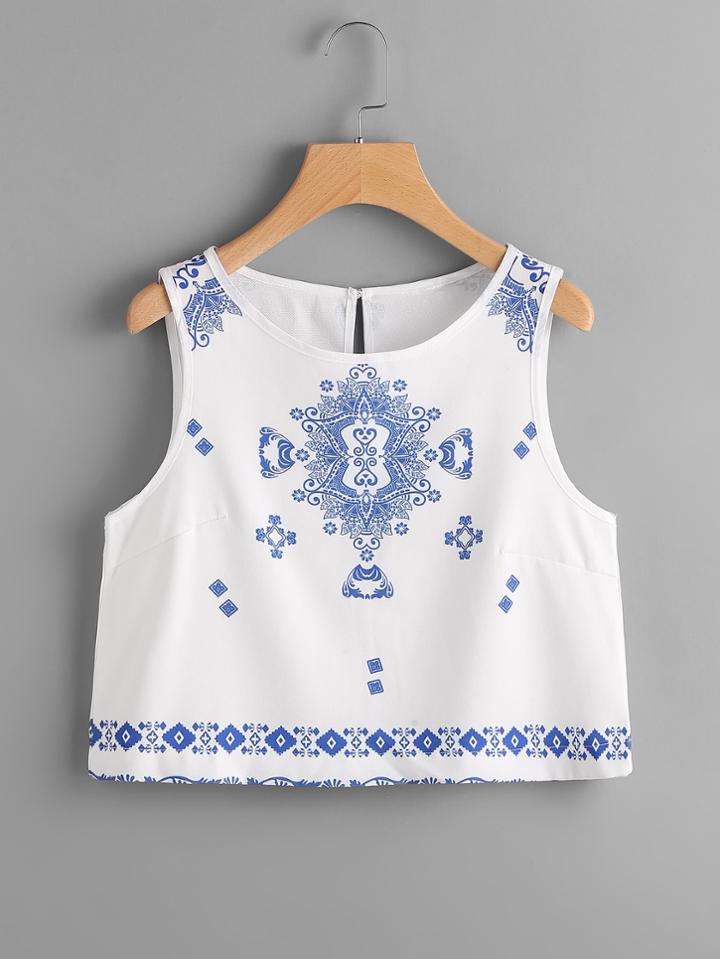 Shein Porcelain Print Keyhole Back Crop Tank Top