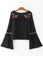 Shein Black Flower Embroidery Tie Neck Bell Sleeve Blouse