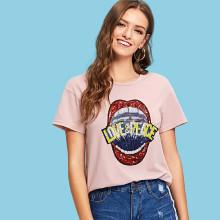 Shein Sequin Red Lip And Letter Front Tee