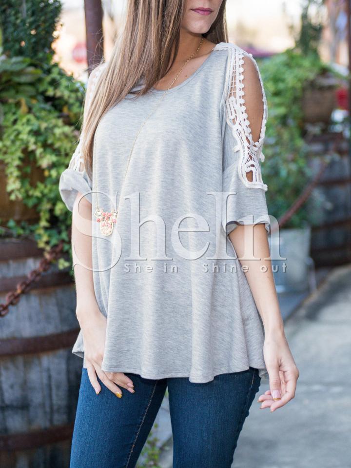 Shein Light Grey Crochet Cold Shoulder Casual T-shirt