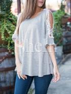 Shein Light Grey Crochet Cold Shoulder Casual T-shirt