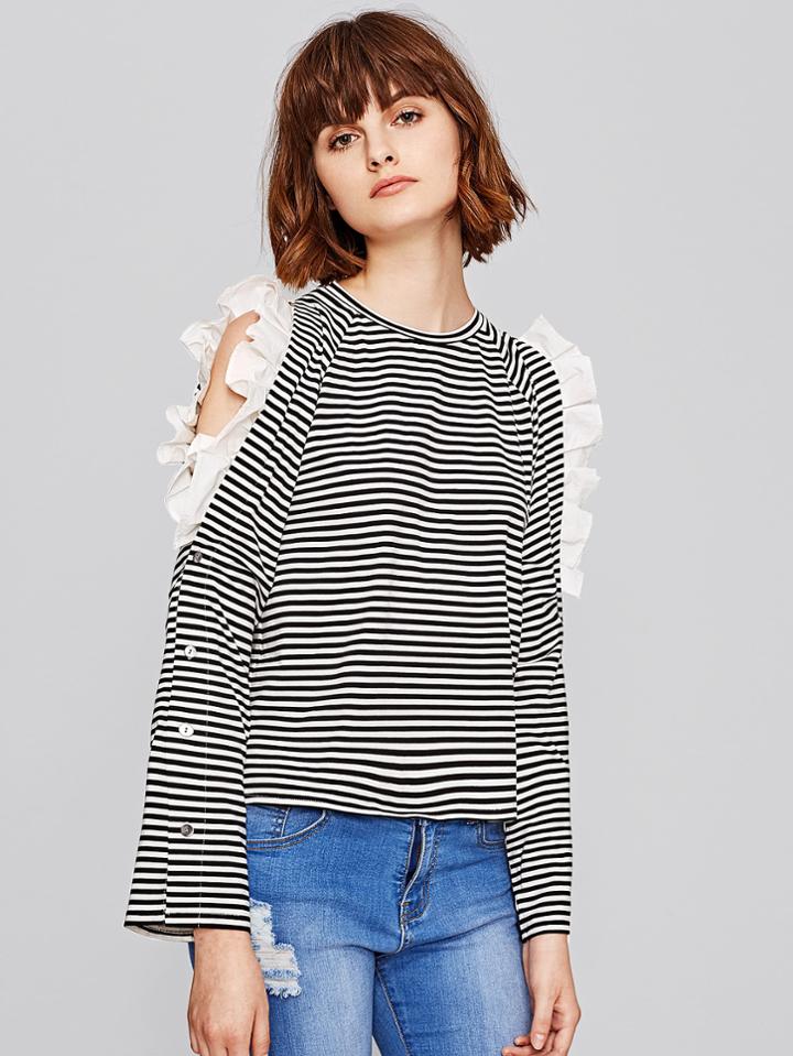 Shein Ruffle Open Shoulder Buttoned Sleeve Tee