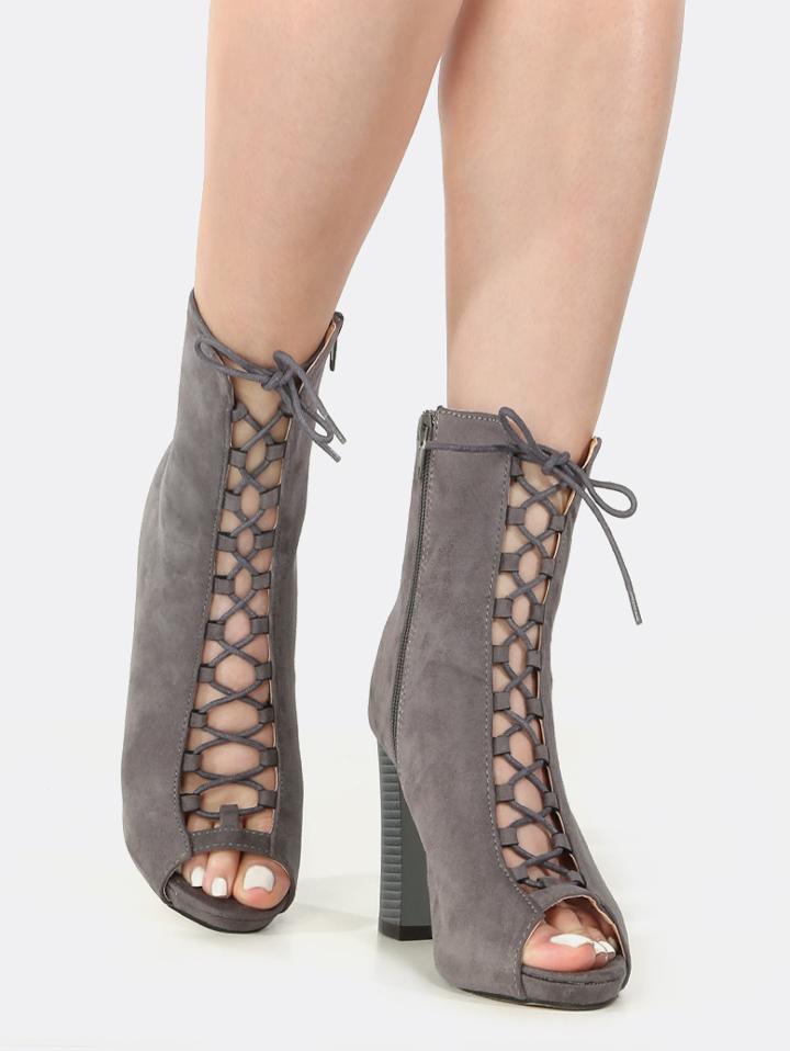 Shein Peep Toe Lace Up Chunky Heel Booties Grey