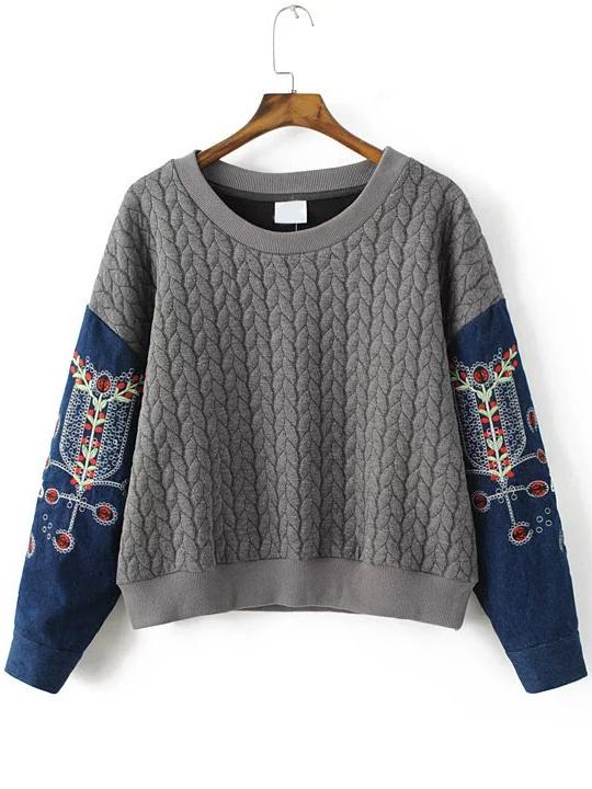 Shein Grey Embroidery Contrast Denim Sleeve Drop Shoulder Sweatshirt