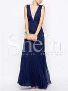 Shein Blue Periwinkle Sleeveless V Neck Pleated Elegent Maxi Dress