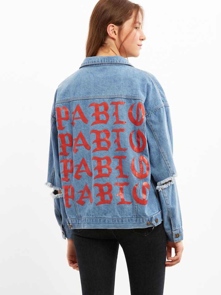 Shein Blue Letter Print Ripped Denim Jacket