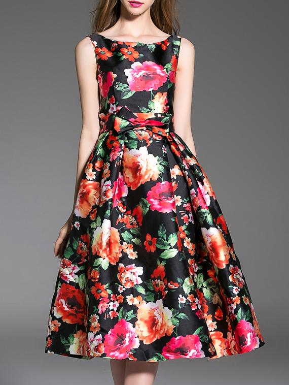 Shein Multicolor Boat Neck Bowknot Print A-line Dress