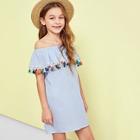 Shein Girls Tassel Trim Off Shoulder Striped Dress