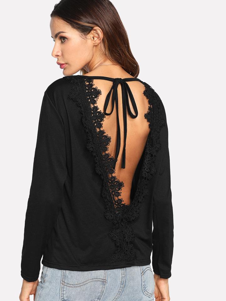 Shein Contrast Crochet Trim Open Back Tee