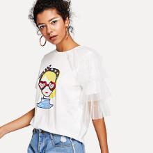 Shein Pearl Beading Layered Mesh Sleeve Figure Tee