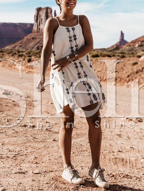 Shein White Black Print Lace Up Side Spaghetti Strap Dress