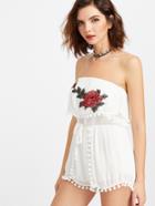 Shein White Flower Embroidered Patch Pom Pom Trim Layered Romper