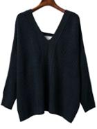 Shein Navy V Neck Lace Up Back Drop Shoulder Sweater