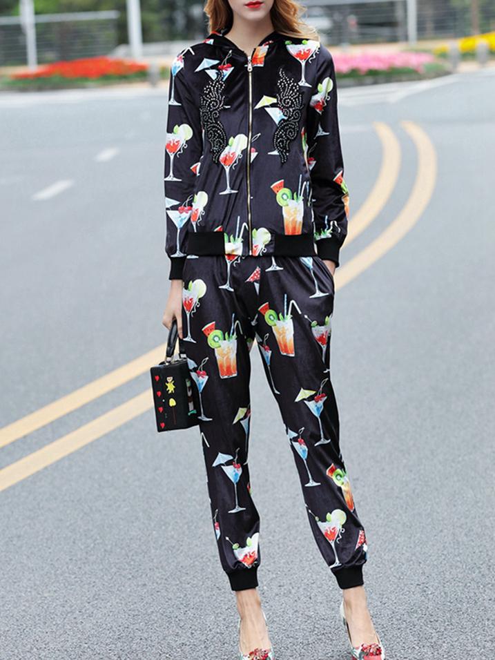 Shein Black Beading Print Top With Velvet Pants
