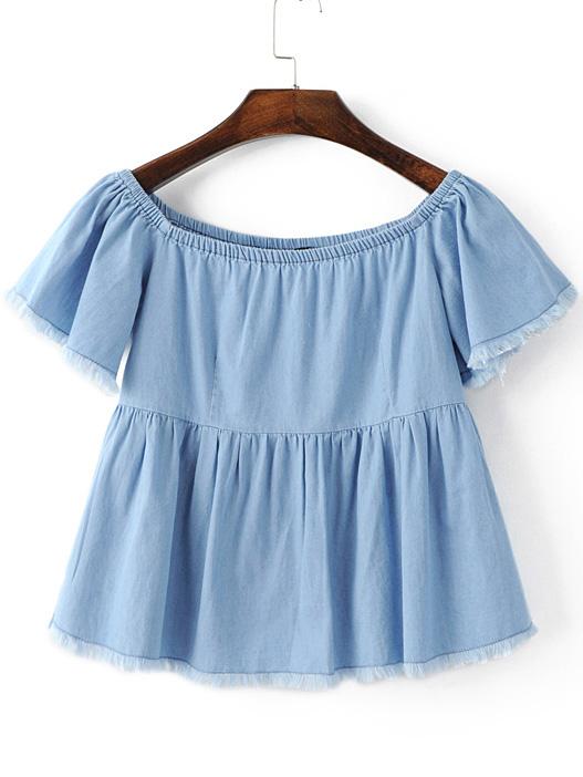 Shein Blue Boat Neck Smock Raw-edge Hem Blouse
