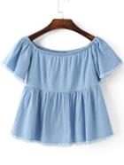 Shein Blue Boat Neck Smock Raw-edge Hem Blouse