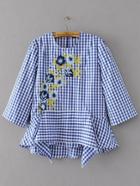 Shein Gingham Flower Embroidery Frill Blouse