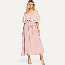 Shein Off Shoulder Tassel Embellished Self Belted Dress
