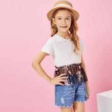 Shein Girls Contrast Mesh Floral Embroidered Tee