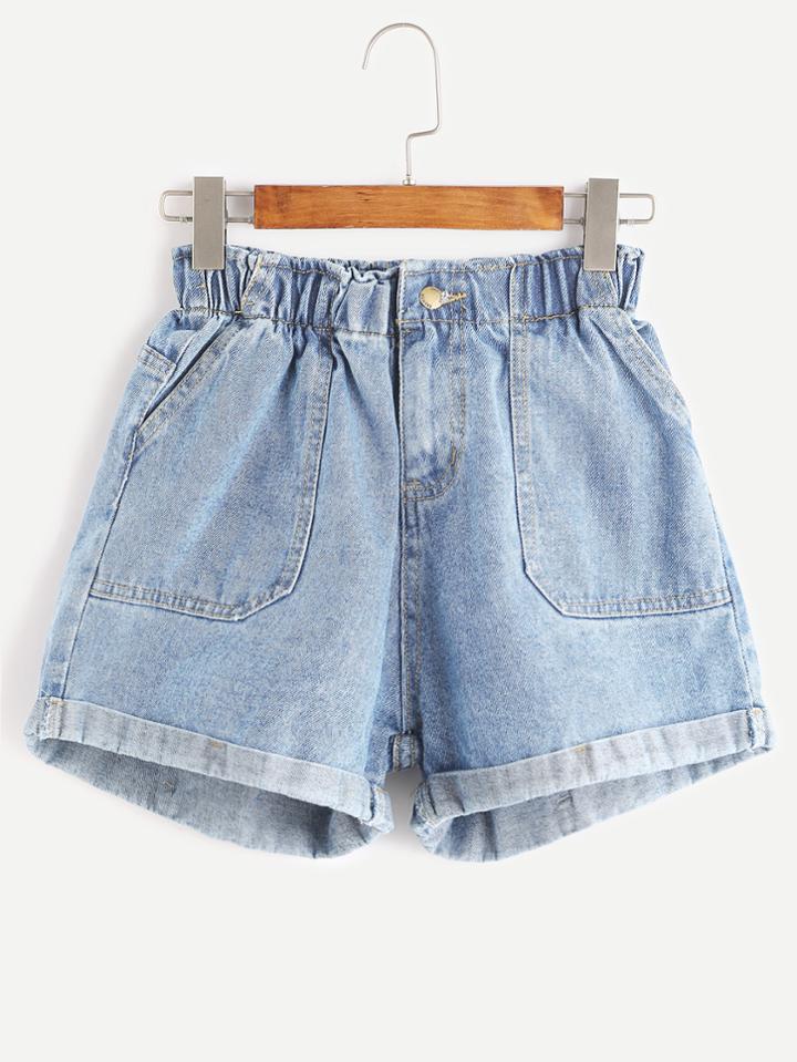 Shein Elastic Waist Rolled Hem Denim Shorts