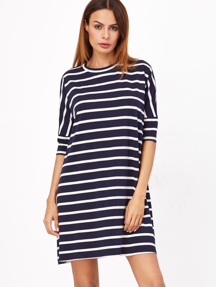 Shein Navy And White Striped Half Sleeve Tee Dress