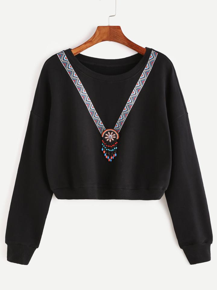 Shein Beaded Detail Dropped Shoulders Crop Sweatshirt