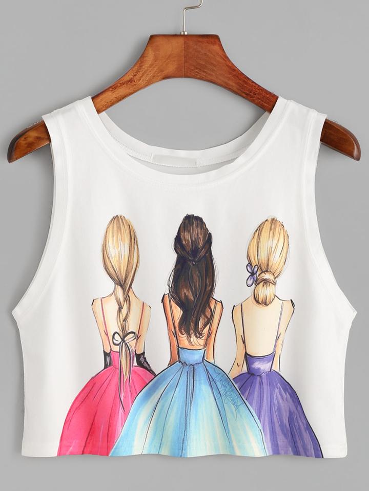 Shein White Girls Print Crop Tank Top