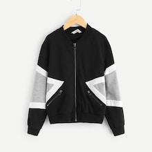 Shein Girls Cut And Sew Zip Up Bomber Jacket