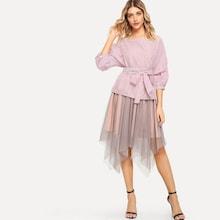 Shein Striped Tie Waist Top With Asymmetric Hem Skirt