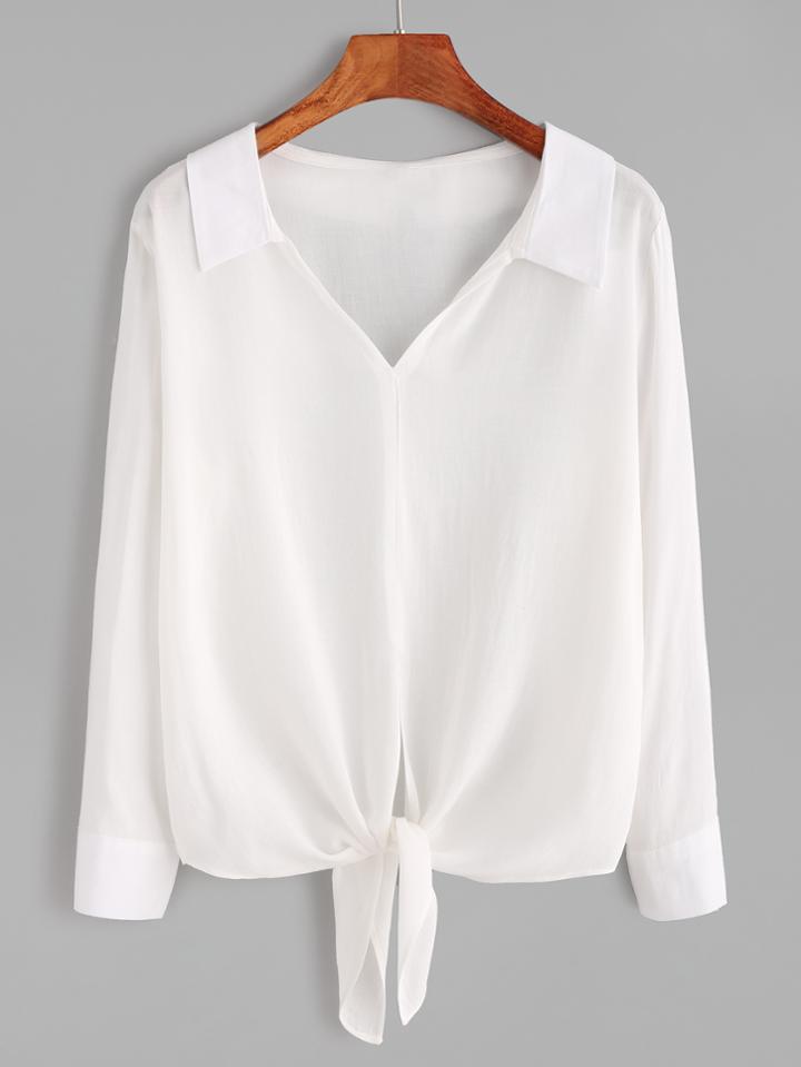Shein White V Neck Knotted Hem Blouse