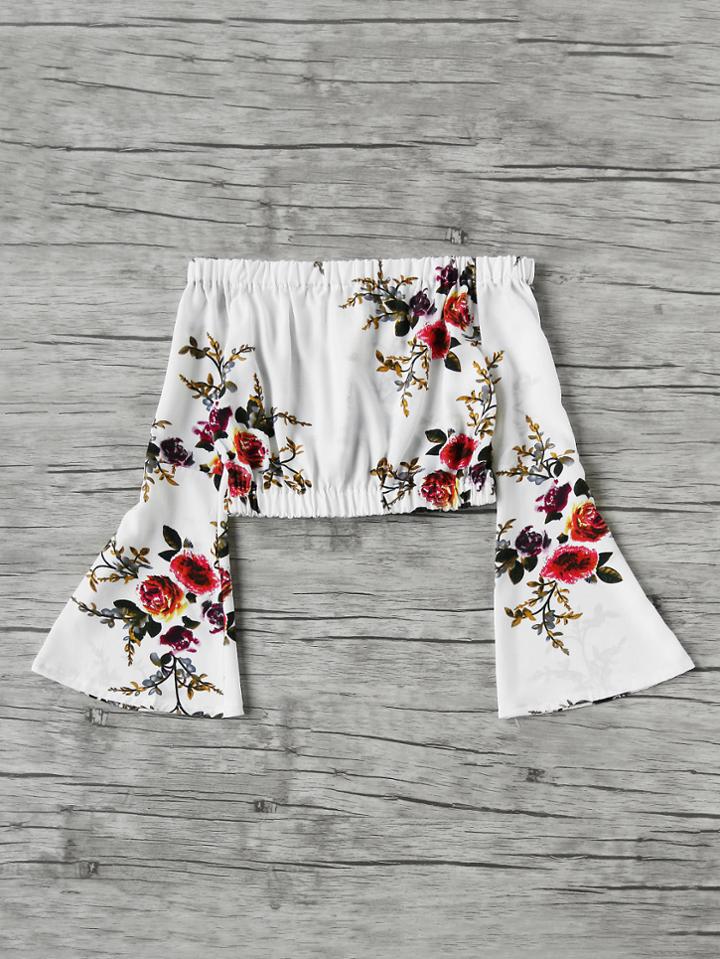 Shein Bardot Flute Sleeve Floral Print Random Crop Top